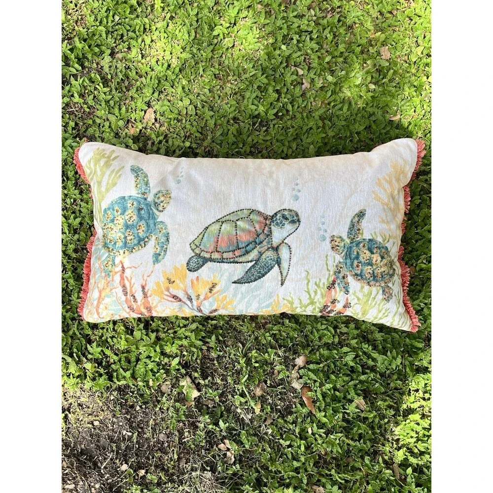 Coastal Collection Nautical Beach Beaded Pillow 14x24 Green Sea Turtle Coral